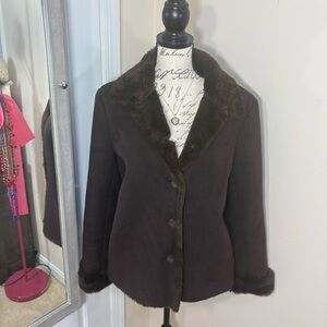 Dark Brown Fu Da New York Suede Jacket Coat with Faux Fur Trim